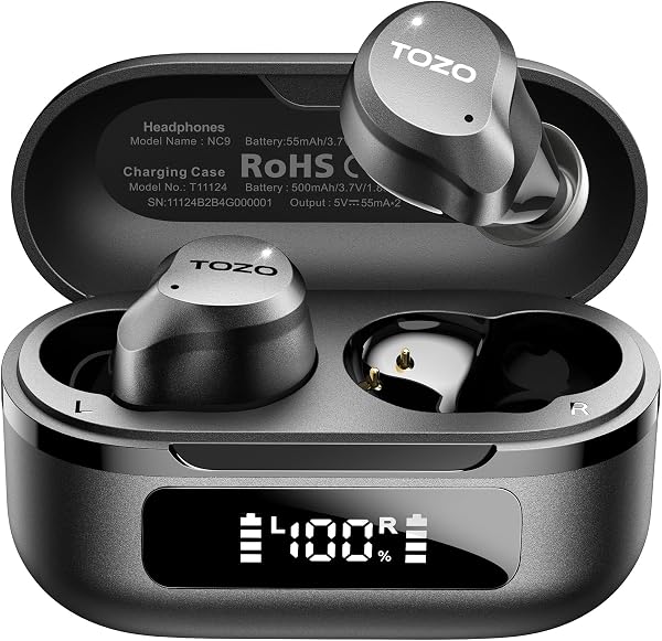 TOZO NC9 Hybrid Active Noise Cancelling Wireless Earbuds, 60H, LED Display | 6 Mic ENC Clear Calls, Deep Bass Sound, IPX8 Wat