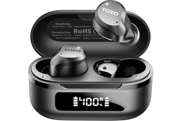 TOZO NC9 Hybrid Active Noise Cancelling Wireless Earbuds, 60H, LED Display | 6 Mic ENC Clear Calls, Deep Bass Sound, IPX8 Waterproof, in Ear Bluetooth 5.3 Headphones,32 EQs via APP, Comfort Fit Ear Buds