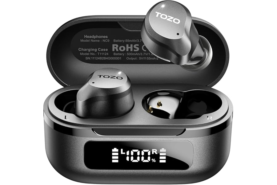 TOZO NC9 Hybrid Active Noise Cancelling Wireless Earbuds, 6 Mics ENC Clear Call, IPX8 Waterproof, in Ear Bluetooth 5.3 Headphones Stereo Bass Ear Buds 60H Playtime with LED Display 32 EQs via APP