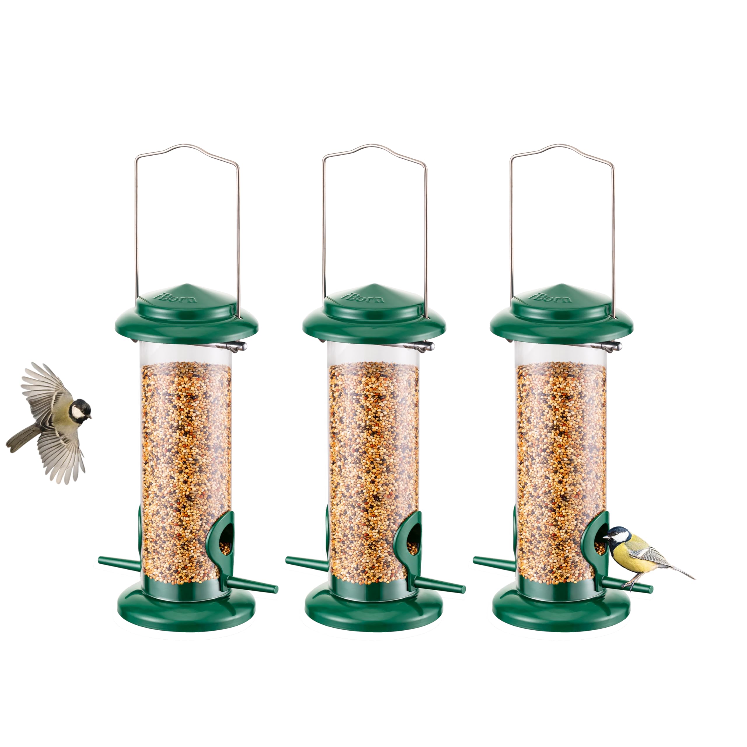 iBorn Metal Bird Feeder Hanging Wild Bird Seed Feeder for Mix Seed Blends,Niger Seed Feeder,Sunflower Heart,Birdbath,Heavy Duty All Metal Green Finishing,8 Inch(20.3 CM),Green,3 Pack