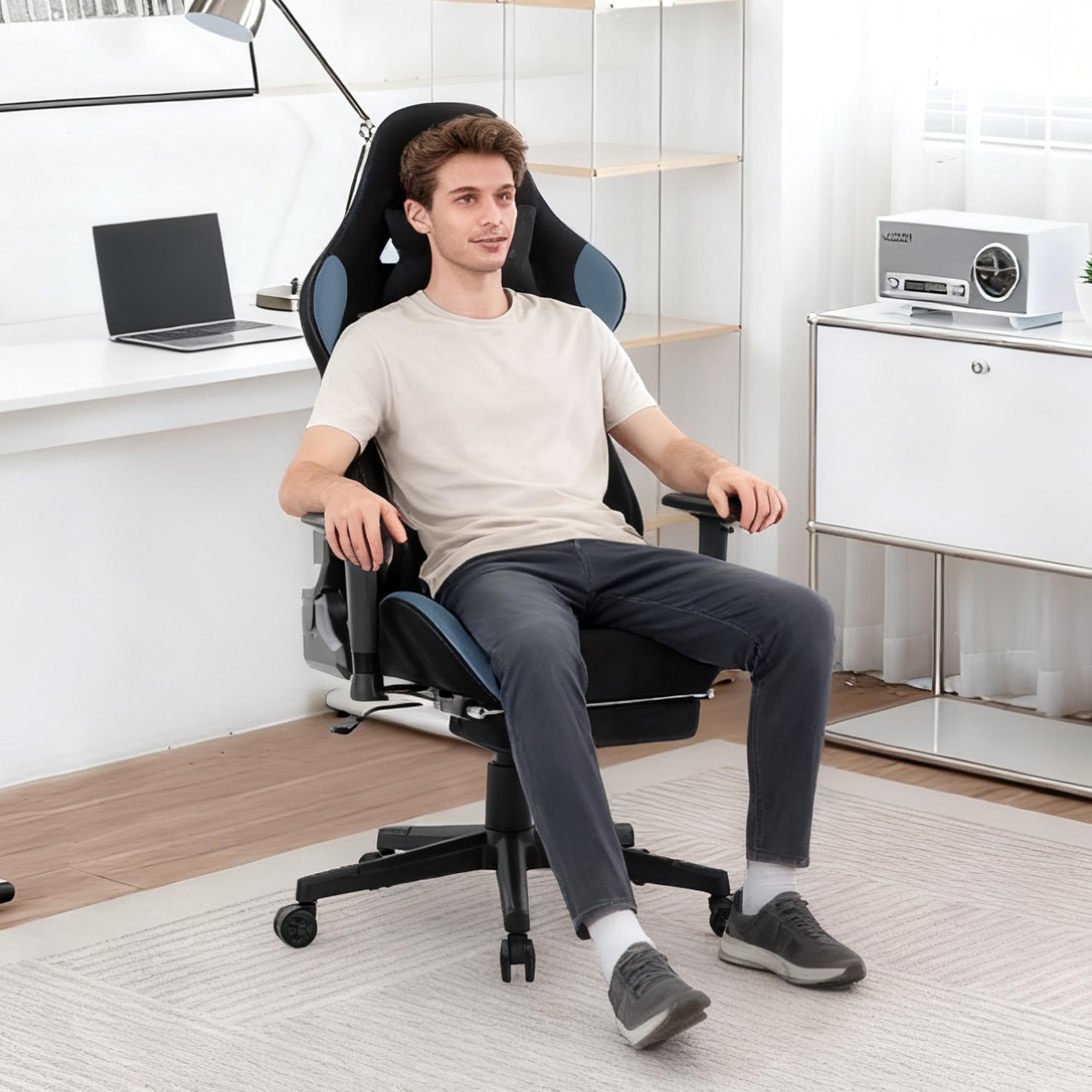 Symino Gaming Chair With Footrest, Computer Chair For Teens With Headrest And Lumbar Support, Ergonomic Pc Chair, Height Adjustable Rotating Task Chairs, Black Blue - View 8