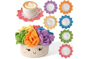 LOMOHOO Crochet Kit for Beginners, 6PCS Crochet Coasters Kit, Flower Potted Plant Crochet Kit with Crochet Hook, Colorful Yarn, Stitch Marker, Instruction, Craft Lover DIY Material Tools(Colorful)