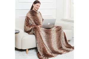 SOFTAN Wearable Fleece Blanket with Sleeves & Foot Pocket for Adult Women Men,Lightweight Soft Plush TV Blanket Wrap Throw with Sleeves and Adjustable Hook & Loop 73" x 51" Leopard(Kangaroo Pocket)