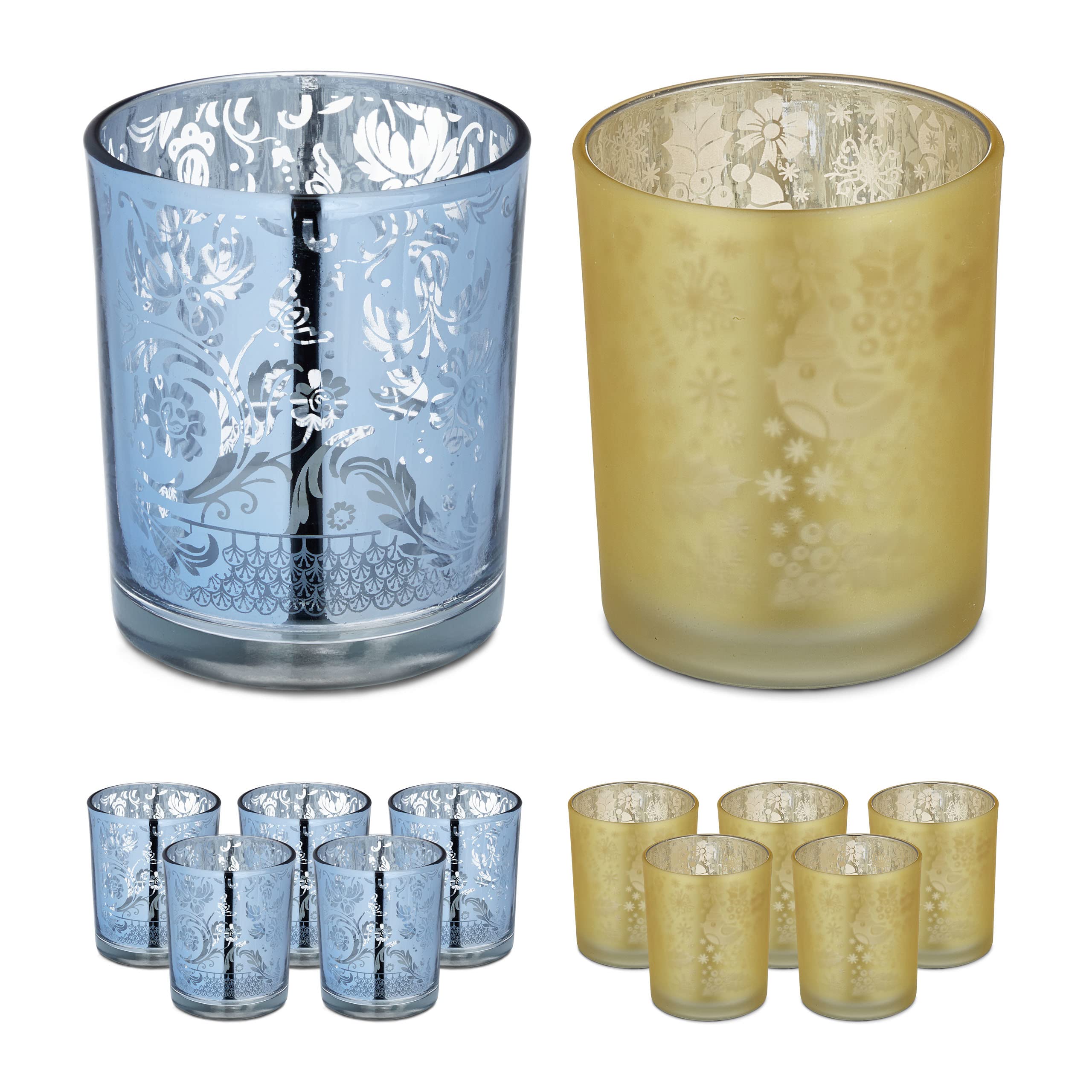 Relaxdays Tealight Holders, Set of 12, Patterned, Votive Candle Glasses, H x Diam.: 8.5 x 7 cm, Decor, Gold/Silver