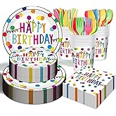 Happy Birthday Paper Plates and Napkins Sets - 350 Pcs Polka Dots Happy Birthday Party Supplies Tableware Set, Disposable Plates Napkins Kit for Boys Girls Birthday Party Decorations, Serves 50