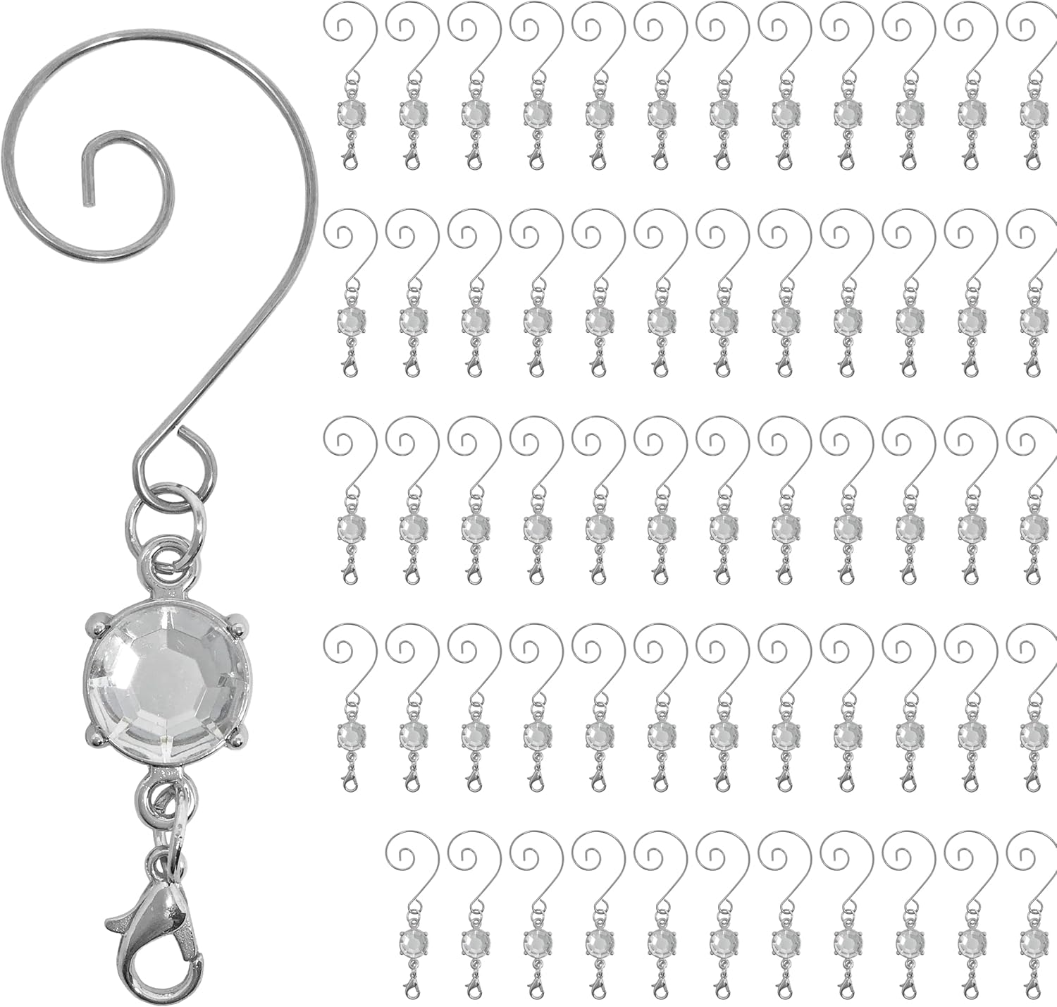 Ornament Hooks - BANBERRY DESIGNS Ornament Hooks - Set of 60 Clear Crystal Decorative S-Hooks - Silver Wire Hangers for Christmas Tree Decorating - 3 Inches Long