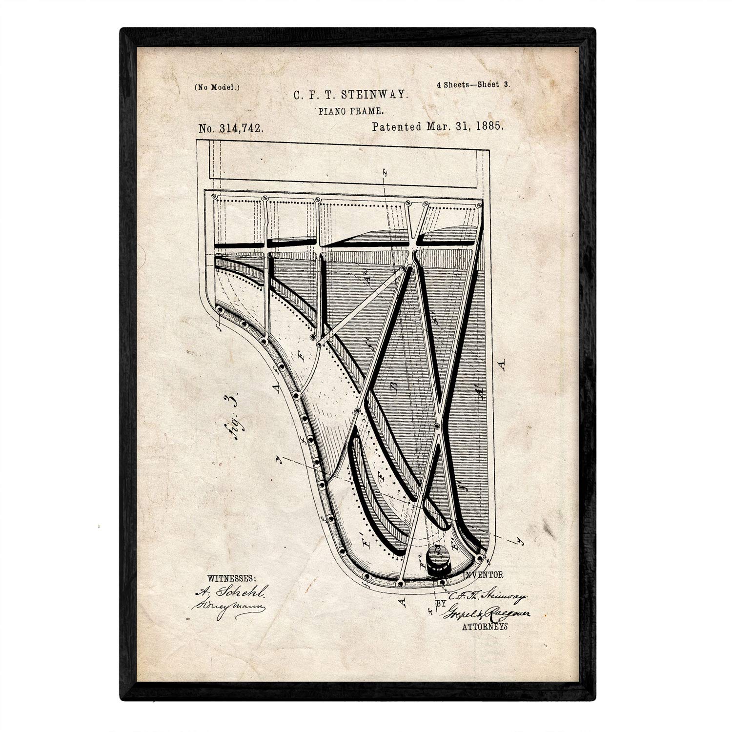 Nacnic Poster patent Piano 2. Foil with old design patent in A3 size and vintage background — image 1