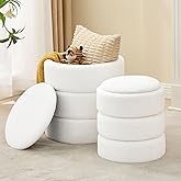 oakvivo Round Ottoman with Storage Set of 2, Soft Teddy Velvet Upholstered Foot Stool Vanity Chairs, Support 330lbs Padded Seat Multifunctional Ottomans Footrest, Foot Rest for Living Room, White