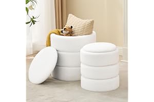 oakvivo Round Ottoman with Storage Set of 2, Soft Teddy Velvet Upholstered Foot Stool Vanity Chairs, Support 330lbs Padded Seat Multifunctional Ottomans Footrest, Foot Rest for Living Room, White