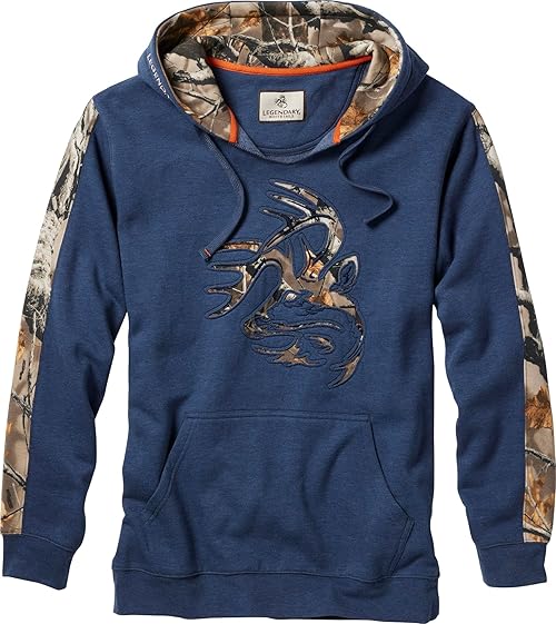Legendary Whitetails Mens Camo Hoodie Pullover Sweatshirt Midweight V-Neck Design, Crater Lake Blue Heather, SML