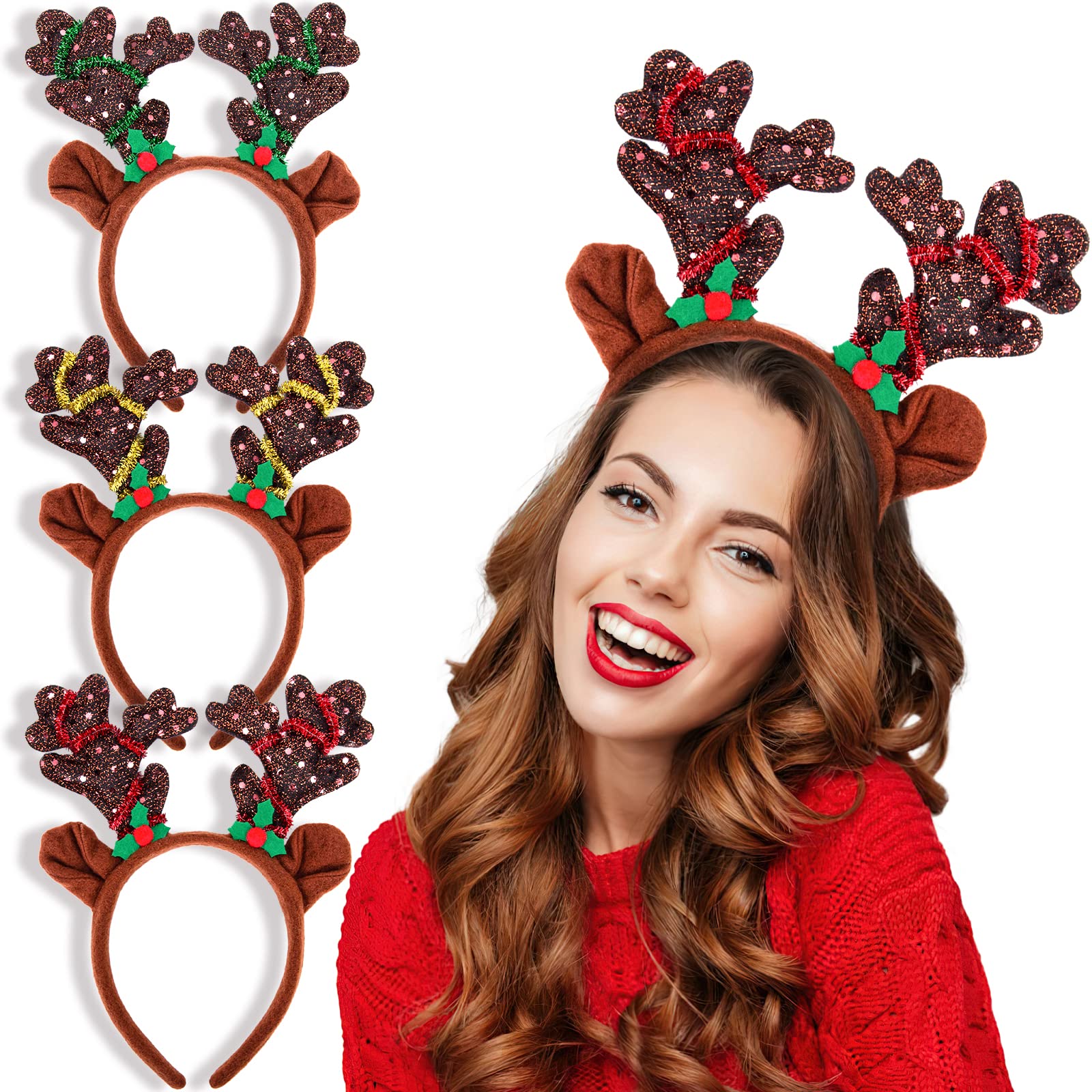 MCPINKY Reindeer Antlers Headband, 3PCS Deer Antlers Headband with Glitter Sequins Christmas Reindeer Ears Headband for Kids Adults Xmas Party Favors Cosplay Costume Supplies