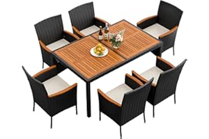 Flamaker 7 Piece Patio Dining Set Outdoor Acacia Wood Table and Chairs with Soft Cushions Wicker Patio Furniture for Deck, Backyard, Garden