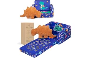 Macardac Toddler Couch, 2-in-1 Kid's Fold Out Sofa with Dino Plush Pillow, Dinosaur Baby Chair for Boys and Girls, Convertible to Lounger, 1-Seat Kids Furniture