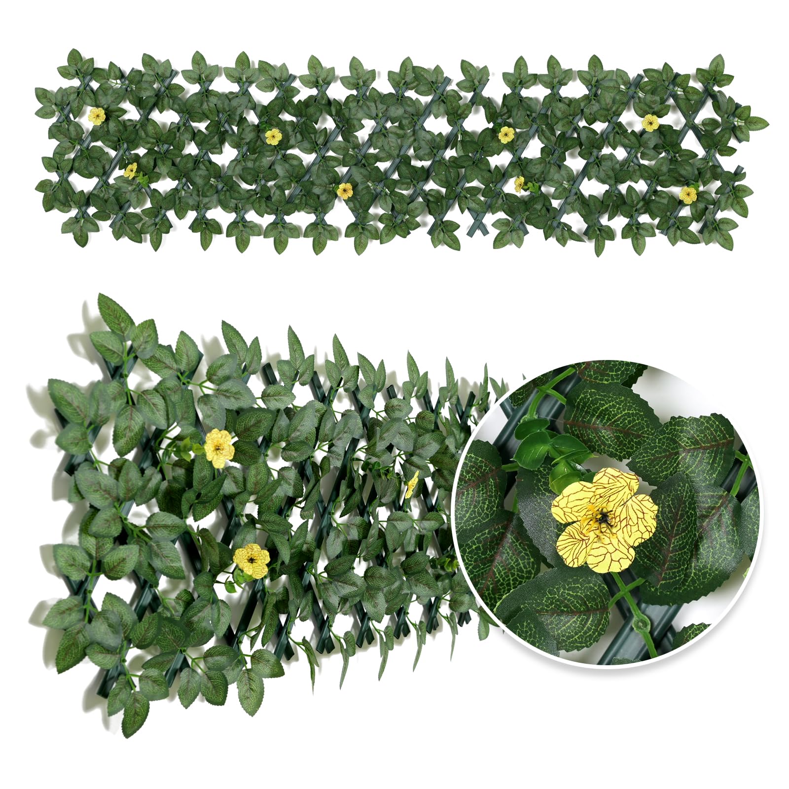 Expandable Garden Fence Panels - Privacy Screen with Faux Ivy & Flower - 200x30cm (Yellow Flower)