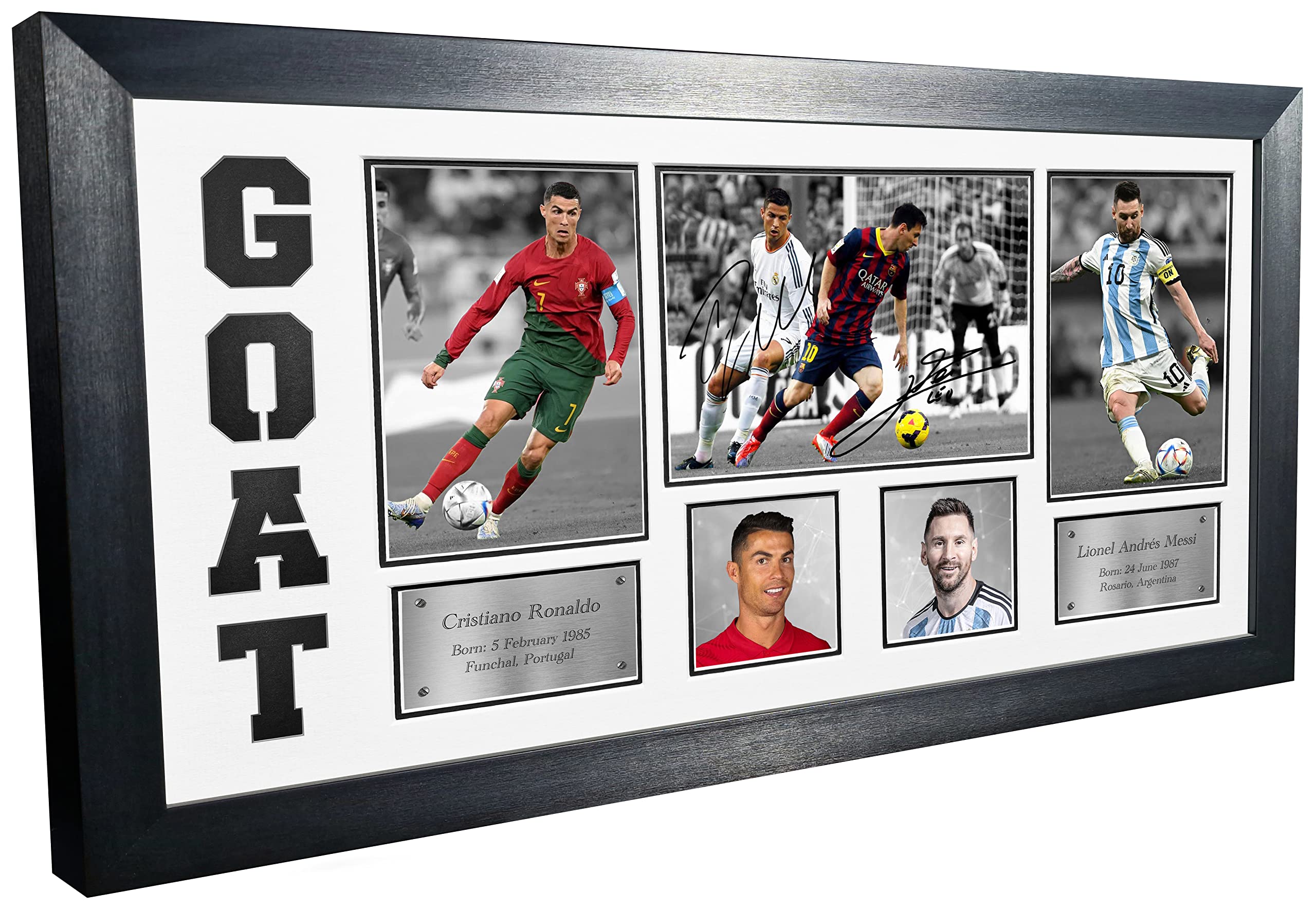 GOAT Black/White Mount Cristiano Ronaldo Lionel Messi Real Madrid Manchester Juventus Barcelona PSG Portugal Argentina Signed Autographed Photograph Picture Frame Football Soccer (Off White Mount)