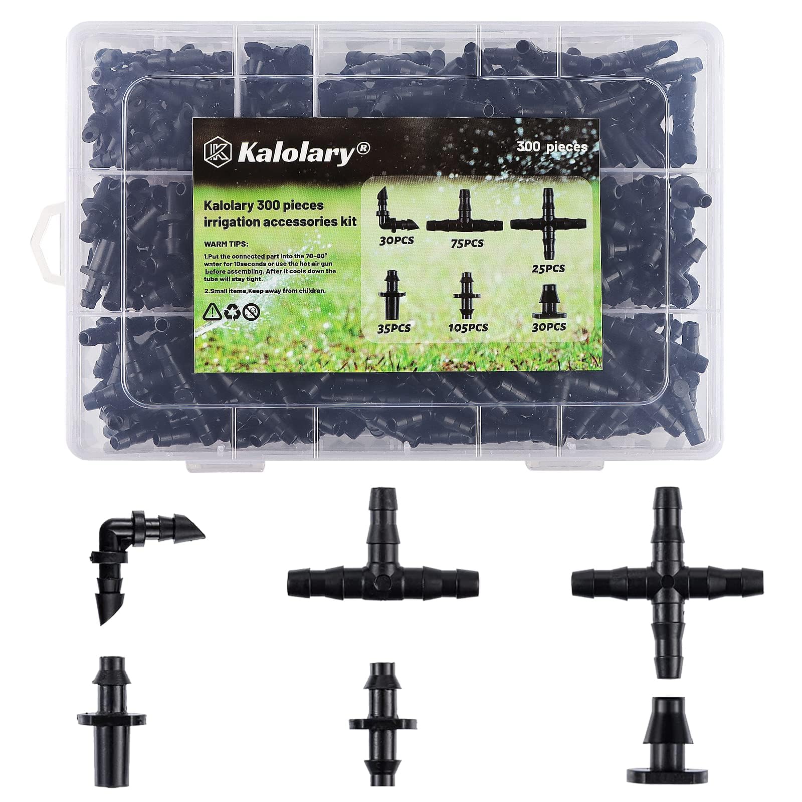300Pcs Barbed Connectors Irrigation Fittings Kit, Kalolary Drip Irrigation Barbed Connectors 1/4''Tubing Fittings Kit for Flower Pot Garden Lawn