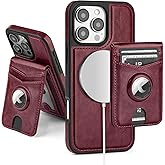 SkyEagle Compatible with MagSafe iPhone 16 Pro Max Case Wallet with AirTag Holder,2 in 1 PU Leather Magnetic Detachable RFID Blocking Credit Card Holder Flip Cover Kickstand for Men Women,Wine Red