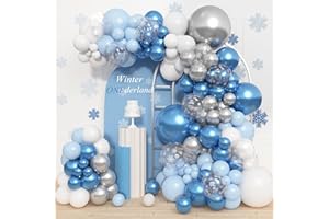 Amandir 153pcs Blue Silver Balloon Garland Arch Kit, Different Sizes 18 12 10 5 inch Blue White Latex Metallic Confetti Snowflake Balloons for Winter Wonderland Princess Baby Shower Party Decorations