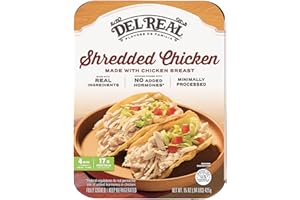 Del Real Foods Shredded Chicken, Pollo Deshebrado – Authentic Mexican, Ready to Eat, Family Size, Meal Prep Pack, Heat & Serve, Gluten Free, Ideal for Tacos and Tamales, 15oz