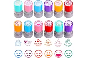 RETAINBRE 12 Sorted Teacher Stamps for Classroom, Self-Inking Rubber Colorful Teacher Stamps for Grading Homework, Mood Expressions Stamps for Office Stationery Encouraging Comments