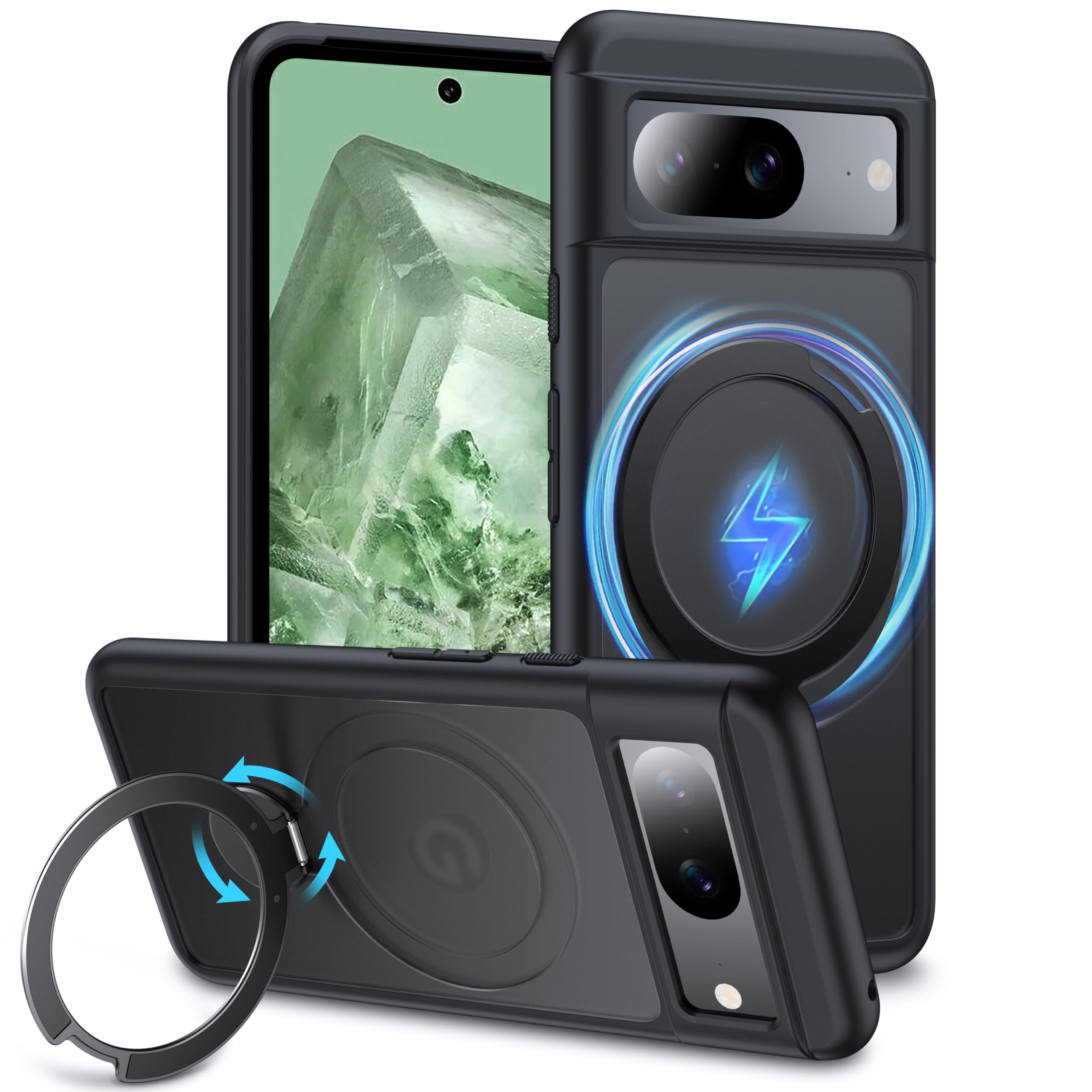 FNDMIL [360°Rotatable Ring for Google Pixel 8 Case with MagSafe[NO.1 Magnetic Invisible Stand][Military Shockproof][Translucent Matte]Soft Silicone Bumper for Google Pixel 8 Phone Case,Midnight Black