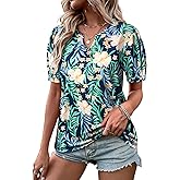 Womens V Neck Hawaiian Shirts Puff Short Sleeve Floral Tropic Printed T-Shirt Summer Casual Trendy Boho Blouses Tops