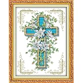Stamped Cross Stitch Kits Full Range of Crossstitching Kits Preprinted Easy Patterns Embroidery kit for Beginner,Printed Cross-Stitch for Home Decor 11CT 3 Strands-Lily Cross，10.3x14.2(inch)
