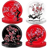 48Pcs Chinese New Year Hibachi Party Decorations Supplies Cherry Blossom Dinnerware Disposable Dessert Plates Japanese Cherry Flowers Paper Plates Floral Tableware for Spring Festival Decorations