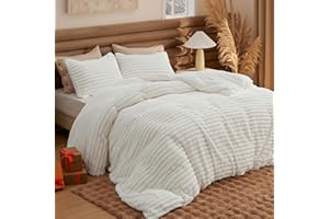 Bedsure Fluffy Duvet Cover Set - Ultra Soft Plush Shaggy Comforter Cover Queen Size, Warm Flannel Fleece Bed Sets for Winter, 3 Pieces (Striped Pattern, Coconut White)