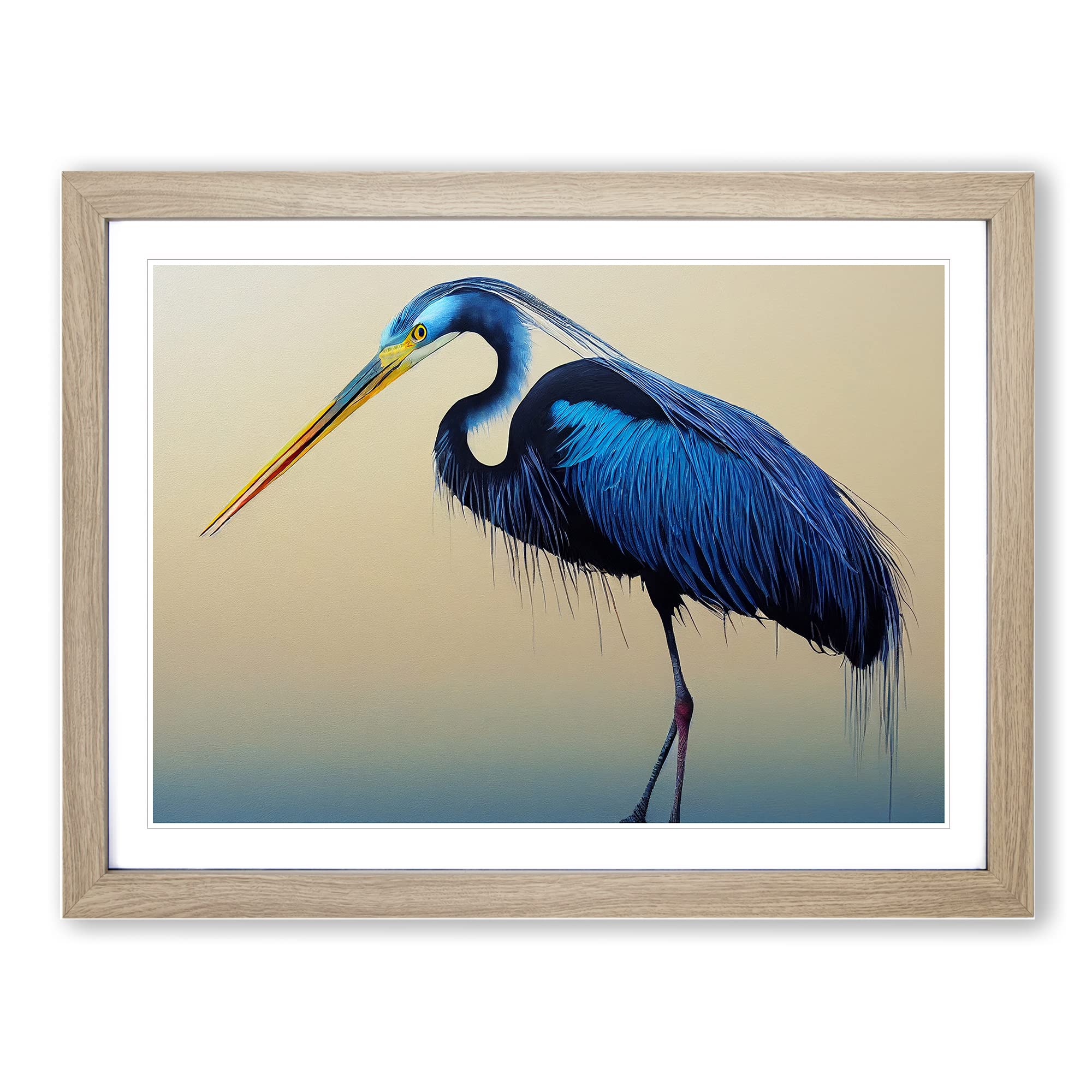 Magnetic Heron Bird Framed Print | A3 Oak Framed Wall Art | Ready to Hang | Modern Animal Picture | Living Room Bedroom Lounge Office