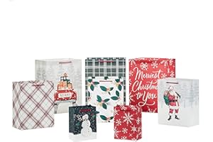 Hallmark Classic Christmas Gift Bag Assortment (8 Bags: 2 Small 5", 3 Medium 8", 3 Large 11") Red and Green, Santa Claus, Snowman, Red Truck, Plaid, Snowflakes, Merriest Christmas to You