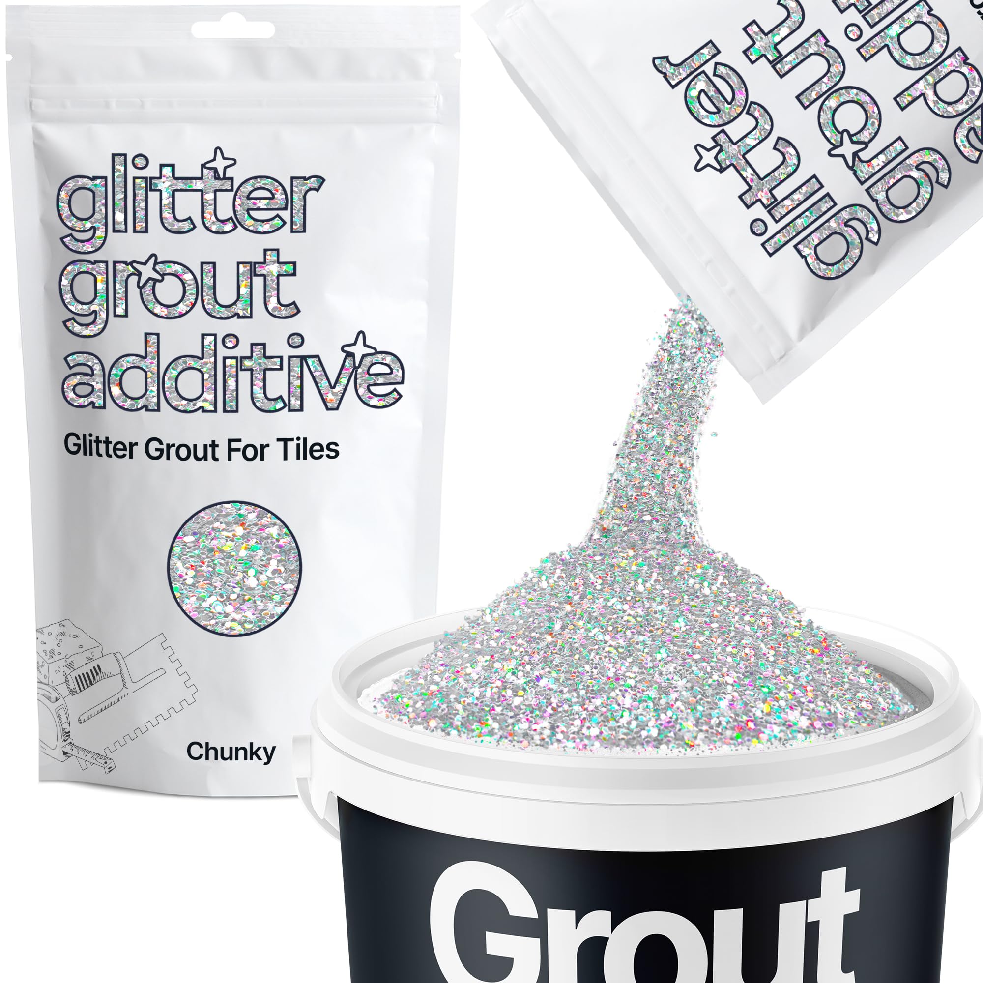 Hemway Silver Holographic Glitter Grout Additive Chunky 100g Metallic Flakes for Adding Sparkle to Kitchen & Bathroom Tiles | Enhance Your Indoor Grouting Projects with a Durable Sparkly Effect