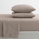 Martha Stewart - Twin Sheet Set with Fitted Sheet &amp; Pillowcase, Cotton Percale Bedding with a Smooth Feel, Deep Pocket, Gingham Brown