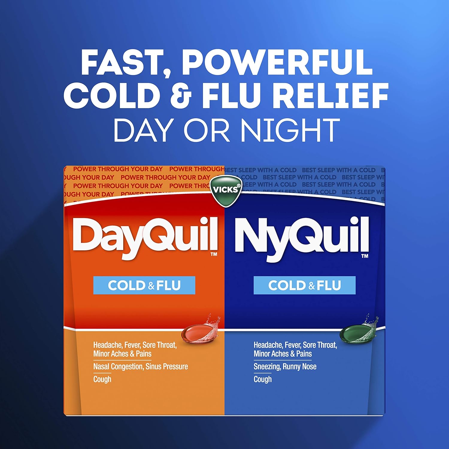 Vicks Dayquil and Nyquil Cough, Cold and Flu Relief, 72 LiquiCaps (48 Dayquil, 24 Nyquil) - Sore Throat, Fever, and Congestion Relief (Packaging May Vary): Health & Personal Care