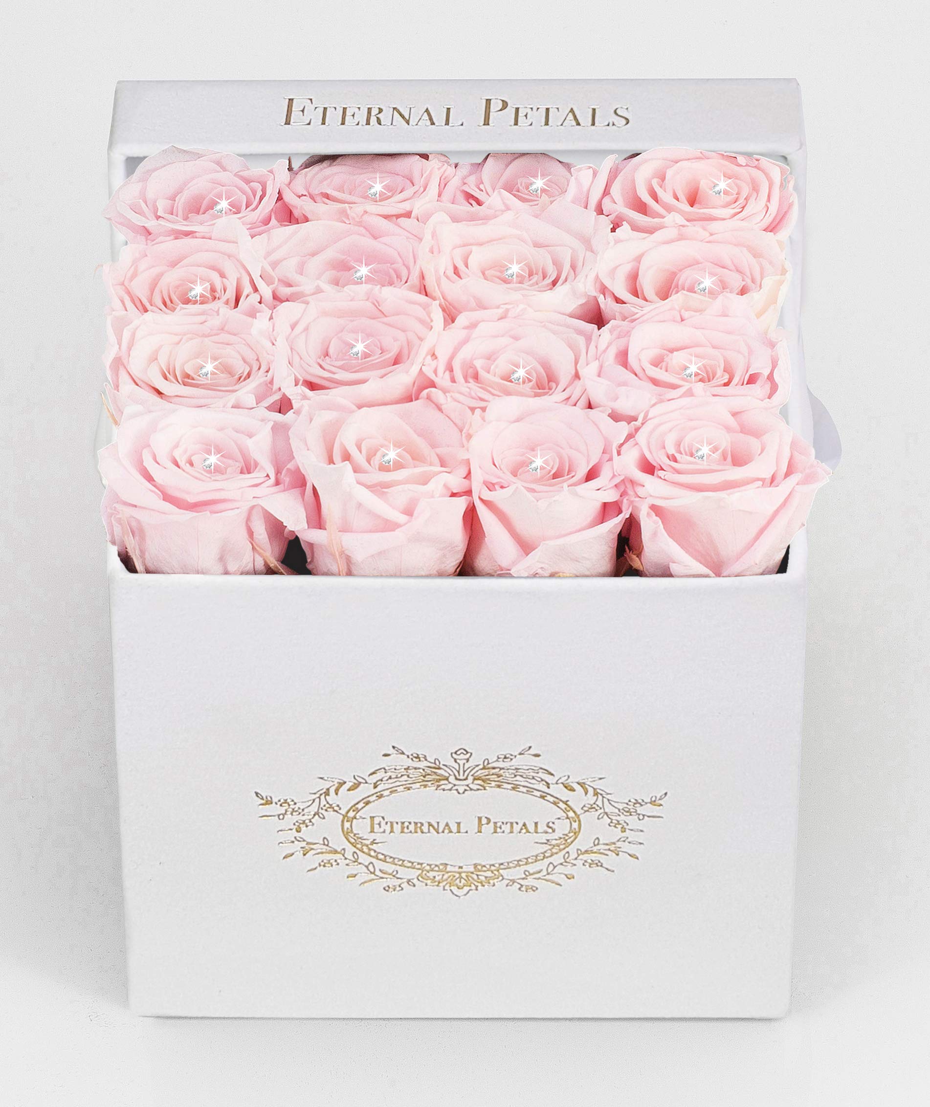 Eternal Petals Real Roses That Last A Year - 16 roses in a White Flower Box with 16 Crystals (Light Pink)