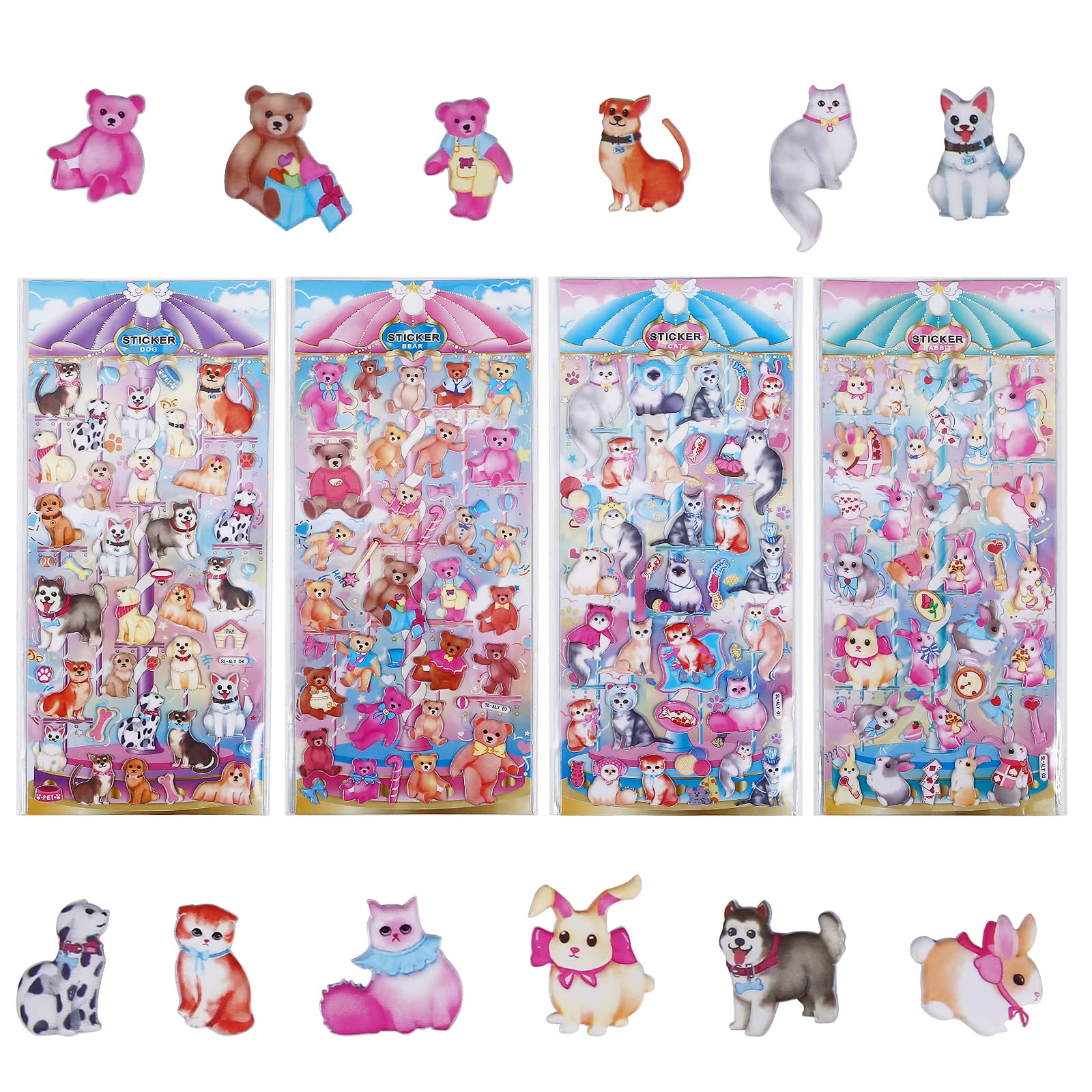 Cute 3D Puffy Pet Stickers for Kids Girls - Kawaii Animal Stickers with Cat Puppy Bear Rabbit,Reusable Small Puff Stickers for Adults Scrapbook, Phone Case, Stationery & Album Decor, 4 Sheets.
