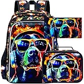 HPJGD 3PCS Boys Dog Bookbag, Water Resistant Kids Backpack with Lunch Box, 17" School Bag Set for Teenagers Middle Elementary - Sunglasses Dog