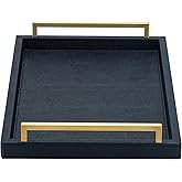 XIGEXIGE Black Faux Leather Serving Tray, 17x12 inches, Brushed Gold Handles, Decorative Tray for Ottoman Coffee Table, Living Room, Kitchen, Bathroom