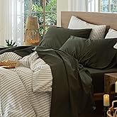 MooMee Bedding Sheet Set 100% Washed Cotton Linen Like Textured Breathable Durable Soft Comfy (Solid Olive Green, California King)