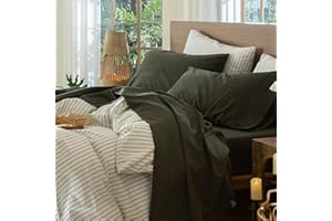 MooMee Bedding Sheet Set 100% Washed Cotton Linen Like Textured Breathable Durable Soft Comfy (Solid Olive Green, King)