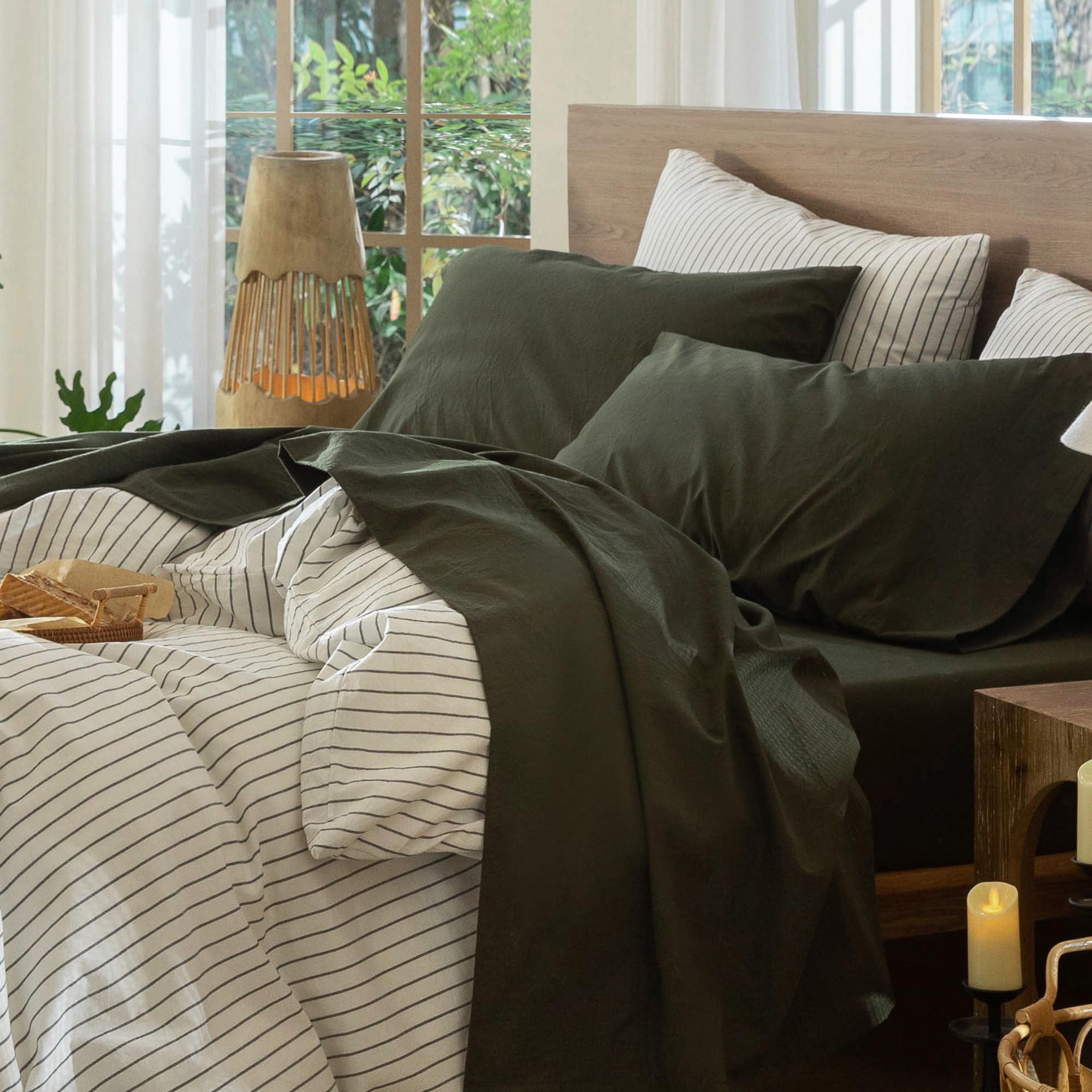 Photo 1 of MooMee Bedding Sheet Set 100% Washed Cotton Linen Like Textured Breathable Durable Soft Comfy (Solid Olive Green, Full)