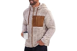 VOGSTART Men's Sherpa Zipper Hoodie Fuzzy Fleece Jacket Color Block Thermal Cardigan with Pockets (S-XXL)