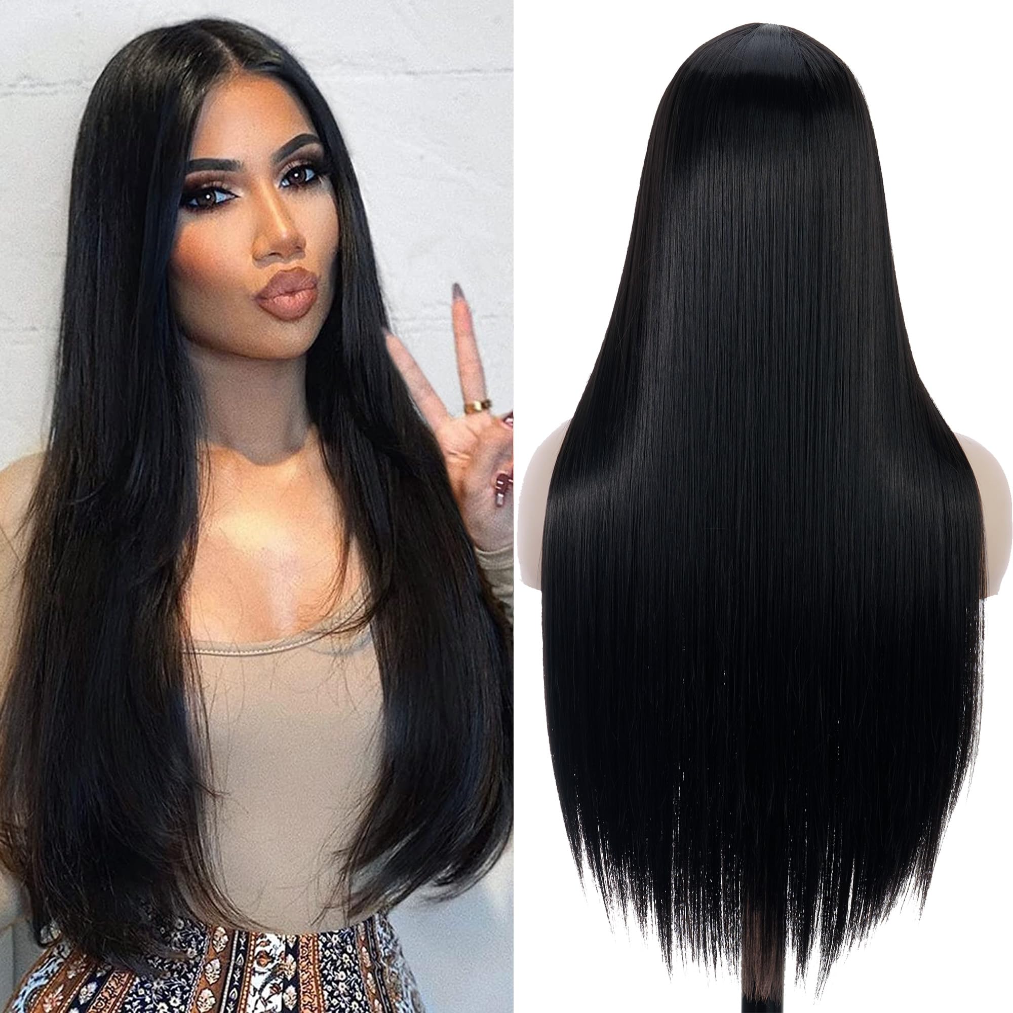 PORSMEER Long Black Straight Wigs for Womens Girls Natural Silky Synthetic Hair Wig Heat Resistant Fibers,Cosplay Halloween Costume Party Wig or Everyday Wear,26 inch 70CM