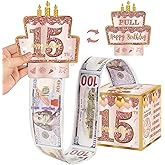 Turypaty 15th Birthday Decorations Pull-Out Money Gift Box for Girls - Pink Rose Gold Happy Fifteen 15th Birthday Party Cash Gift Box with Pull-Out Card - A Fun and Loving Way to Offer Cash Present