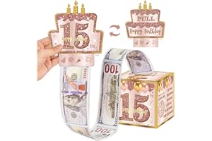 Turypaty 15th Birthday Decorations Pull-Out Money Gift Box for Girls - Pink Rose Gold Happy Fifteen 15th Birthday Party Cash Gift Box with Pull-Out Card - A Fun and Loving Way to Offer Cash Present
