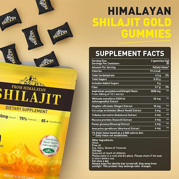 PURE HIMALAYAN SHILAJIT GUMMIES 3000MG WITH 85+ TRACE MINERALS & FULVIC ACID, 100% NATURAL&ORGANIC, NO ADDED SUGAR, LAB TESTED, GOLD GRADE SHILAJIT GUMMIES FOR MEN & WOMEN, INDIVIDUALLY PACKAGED