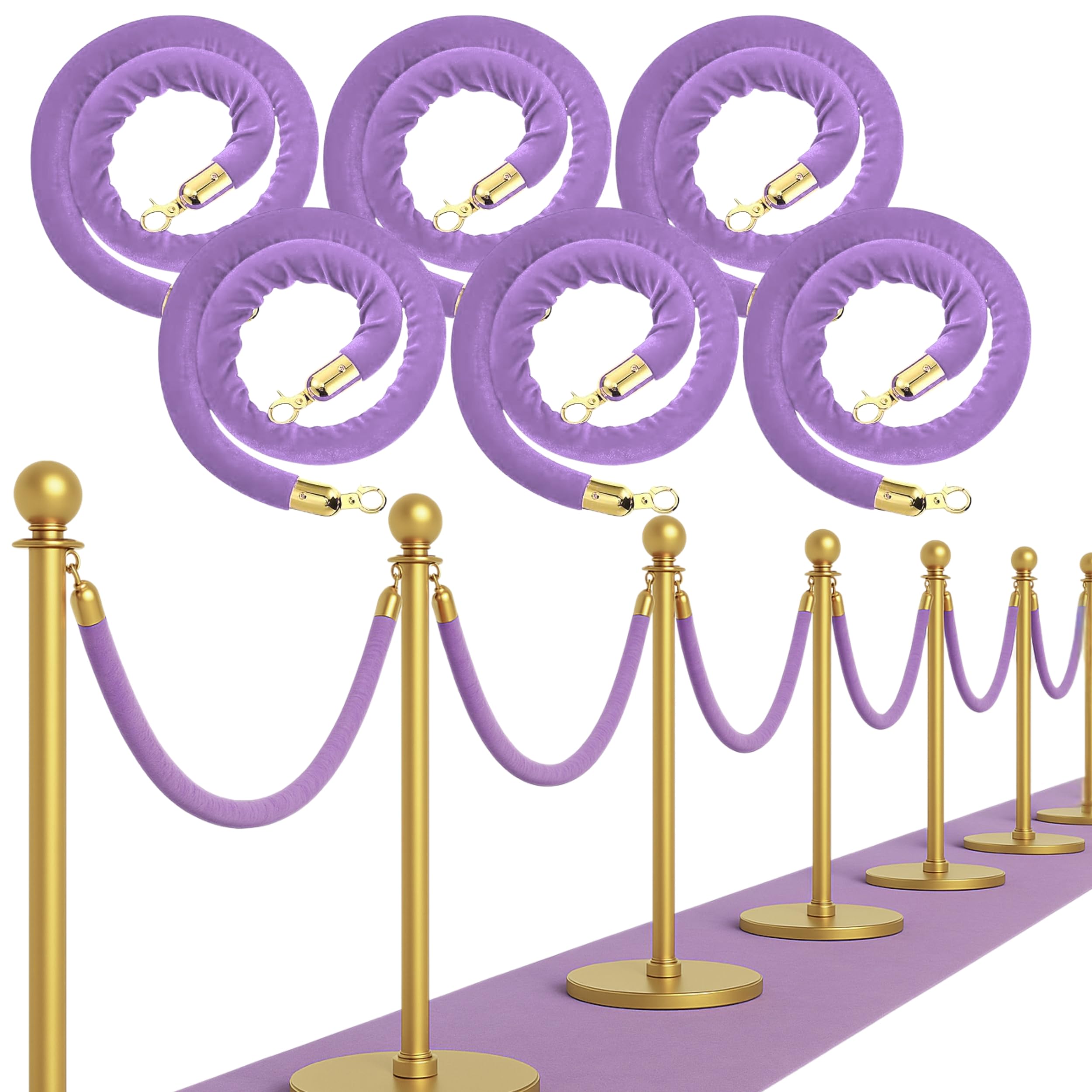Photo 1 of 6PCS Light Purple Velvet Rope - 5FT Elegant Rope for Stanchion Barrier VIP Events Crowd Control Safety Divider for Red Carpet Weddings Parties and Special Occasions Durable and Stylish Design