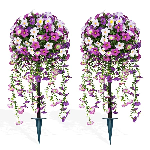 GROOY ARTIFICIAL PLANTS FLOWERS TOPIARY BALL FOR OUTDOOR, 2 PACK FAKE PURPLE SILK MORNING GLORY PLANT BUSHES, UV RESISTANT REALISTIC PLANTS SHURBS FOR OUTSIDE,FRONT PORCH,PATIO,YARD