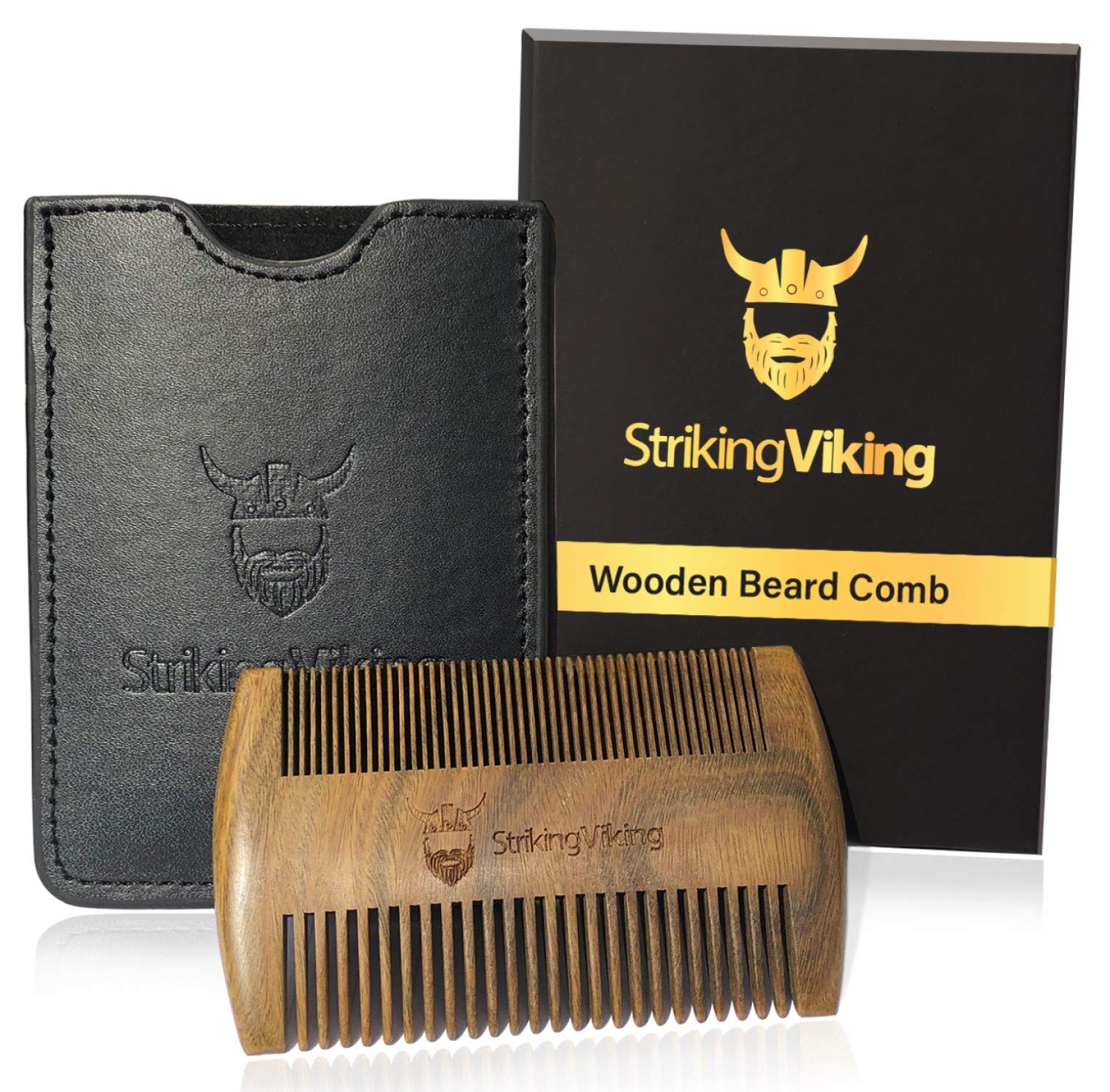 STRIKING VIKING Wooden Beard Comb with Case Heavy Duty, DualAction