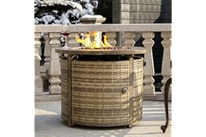 OutVue 32 inch Propane Fire Pit Table,Wicker Gas Fire Pits Table with Lid & Lava Rocks, 50000 BTU Round Propane Firepit for Outside, Fire Table for Dining,Party, Patio,Yard